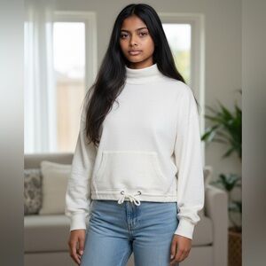Cropped Mock Neck Drawstring Sweatshirt in Ivory